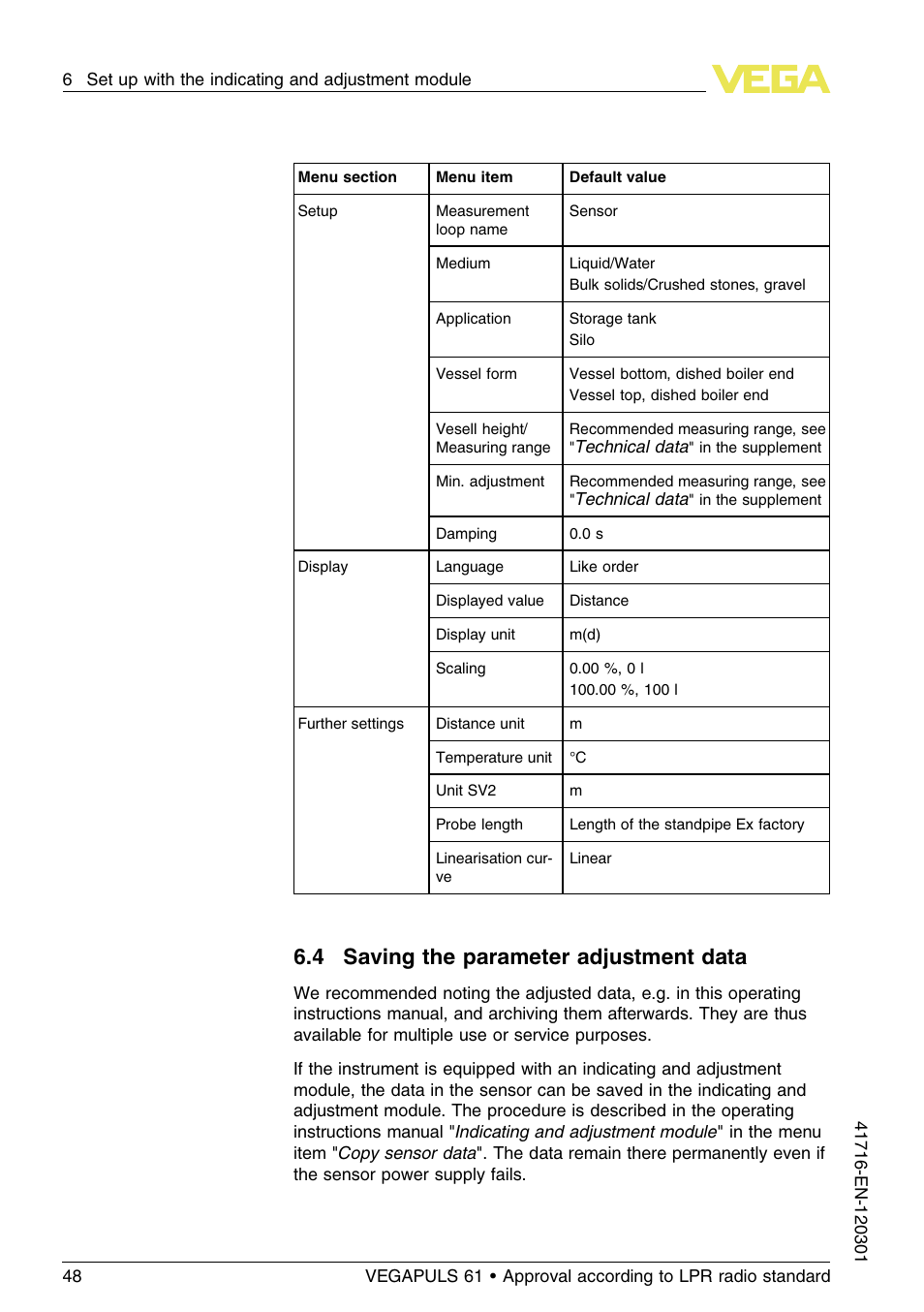 4 saving the parameter adjustment data | VEGA VEGAPULS 61 (≥ 2.0.0 - ≥ 4.0.0) Foundation Fieldbus Approval according to LPR radio standard User Manual | Page 48 / 96