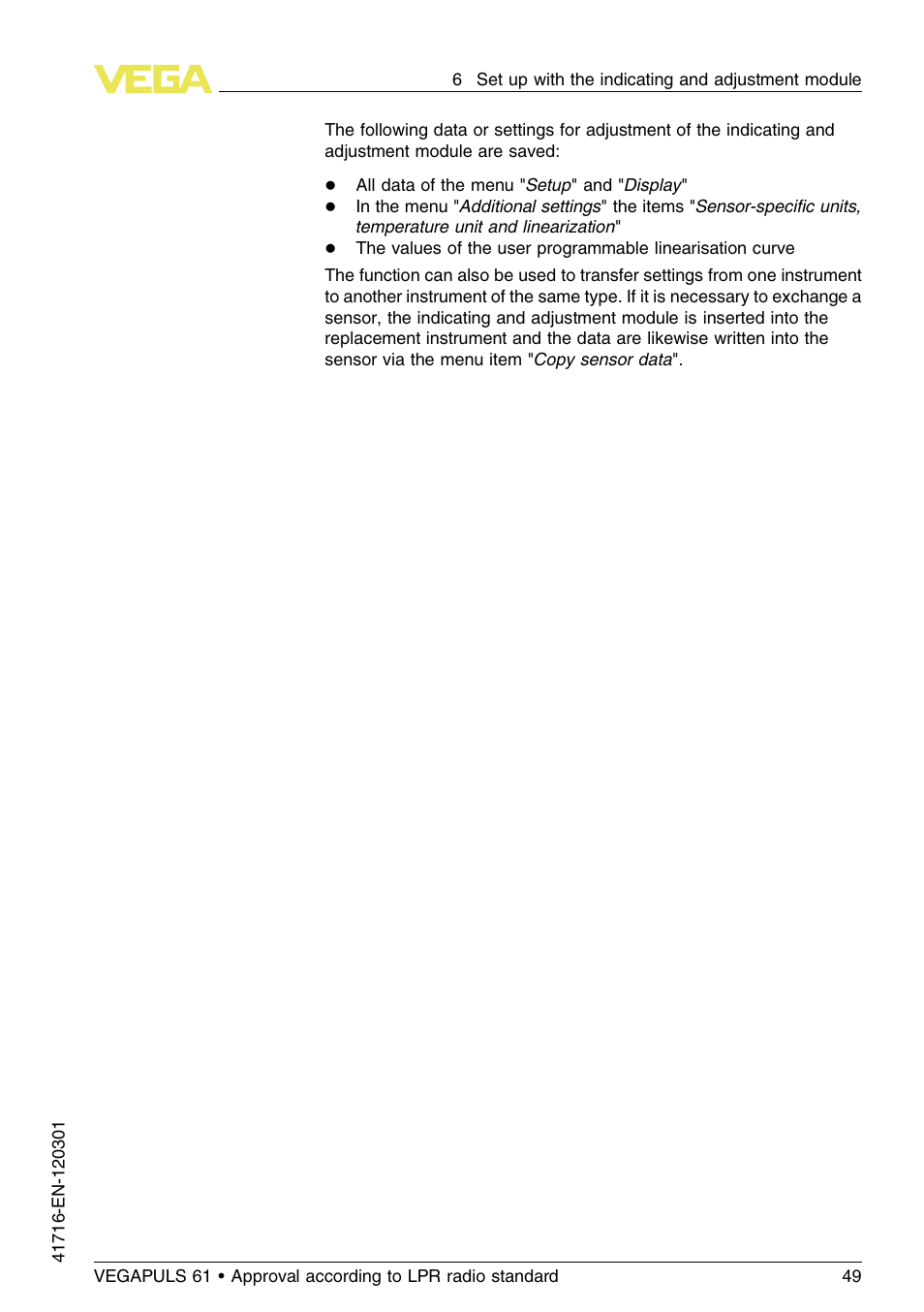 VEGA VEGAPULS 61 (≥ 2.0.0 - ≥ 4.0.0) Foundation Fieldbus Approval according to LPR radio standard User Manual | Page 49 / 96