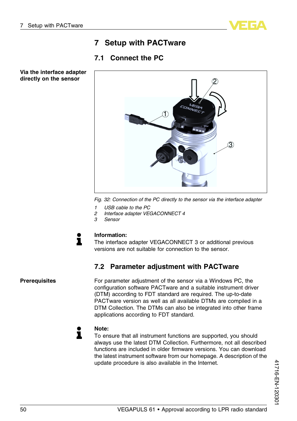 7 setup with pactware, 1 connect the pc, 2 parameter adjustment with pactware | 7setup with pactware | VEGA VEGAPULS 61 (≥ 2.0.0 - ≥ 4.0.0) Foundation Fieldbus Approval according to LPR radio standard User Manual | Page 50 / 96