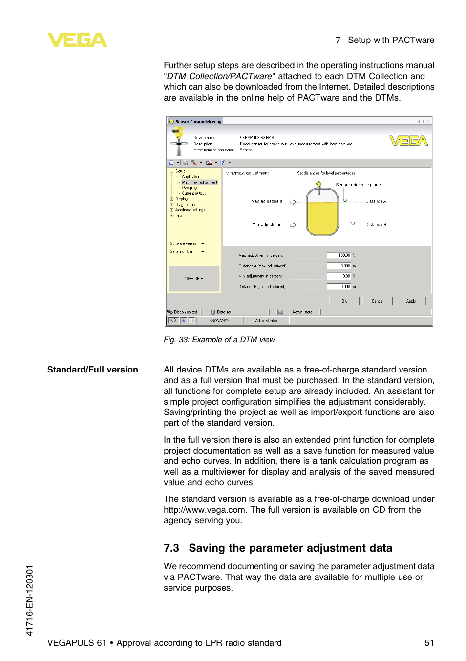 3 saving the parameter adjustment data | VEGA VEGAPULS 61 (≥ 2.0.0 - ≥ 4.0.0) Foundation Fieldbus Approval according to LPR radio standard User Manual | Page 51 / 96