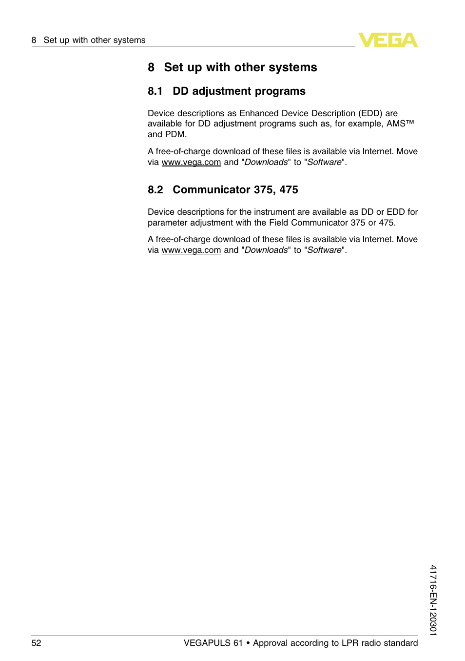 8 set up with other systems, 1 dd adjustment programs, 2 communicator 375, 475 | 8set up with other systems | VEGA VEGAPULS 61 (≥ 2.0.0 - ≥ 4.0.0) Foundation Fieldbus Approval according to LPR radio standard User Manual | Page 52 / 96
