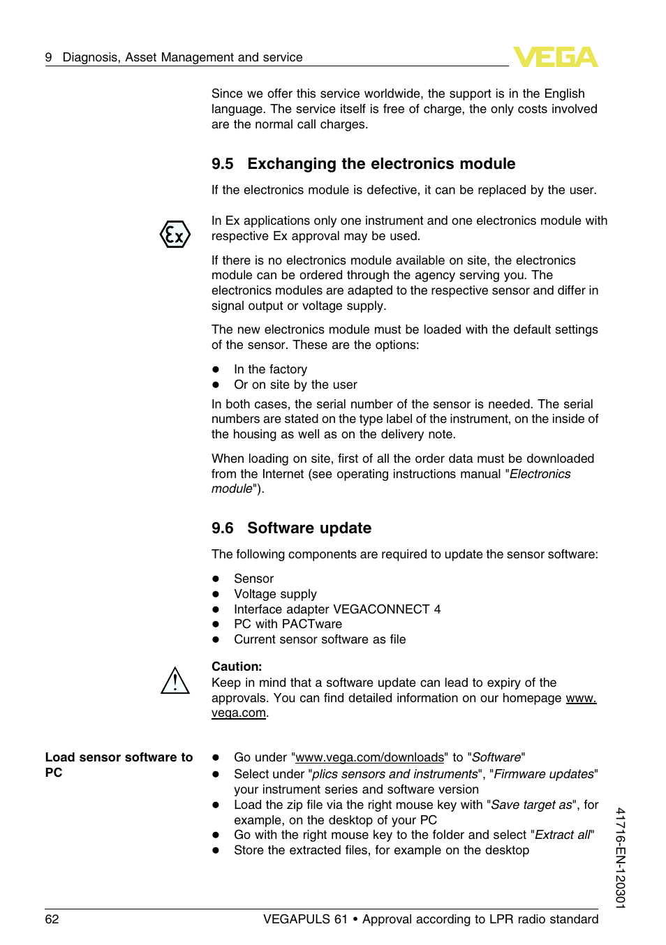 5 exchanging the electronics module, 6 software update | VEGA VEGAPULS 61 (≥ 2.0.0 - ≥ 4.0.0) Foundation Fieldbus Approval according to LPR radio standard User Manual | Page 62 / 96