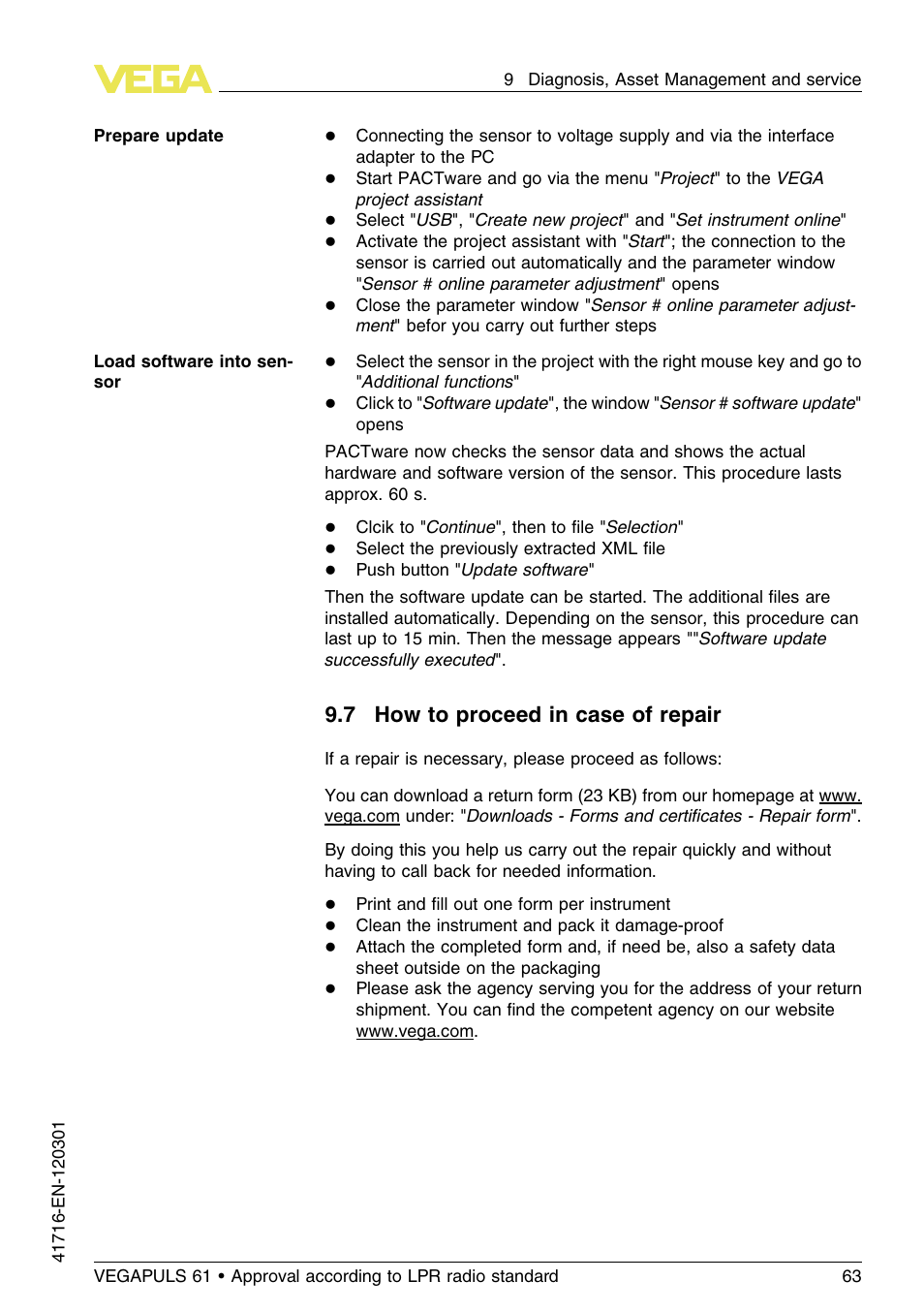 7 how to proceed in case of repair | VEGA VEGAPULS 61 (≥ 2.0.0 - ≥ 4.0.0) Foundation Fieldbus Approval according to LPR radio standard User Manual | Page 63 / 96