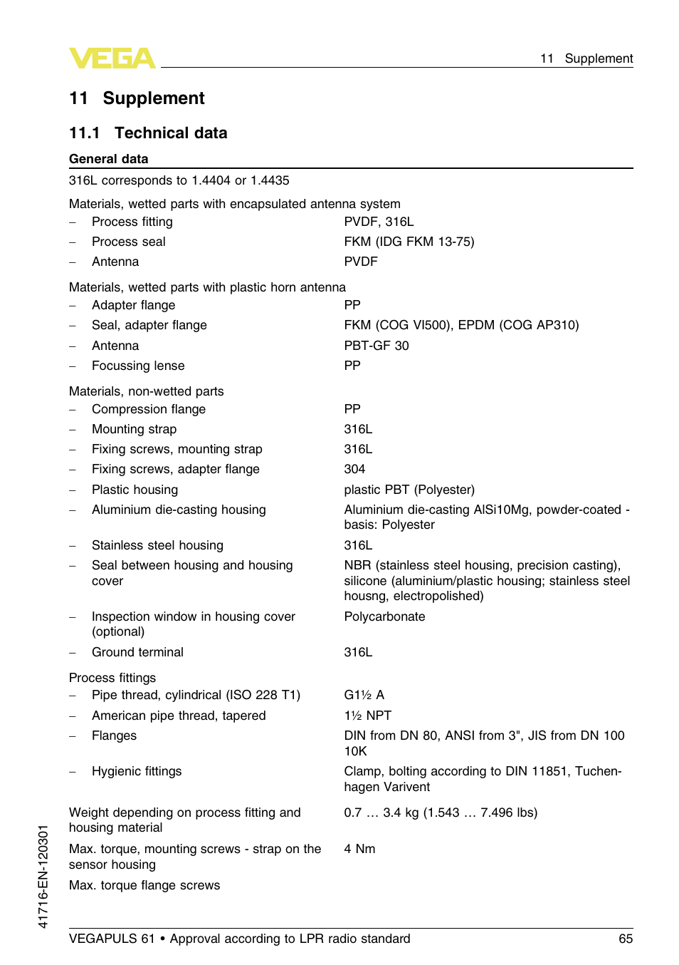 11 supplement, 1 technical data, 11 .1 technical data | VEGA VEGAPULS 61 (≥ 2.0.0 - ≥ 4.0.0) Foundation Fieldbus Approval according to LPR radio standard User Manual | Page 65 / 96