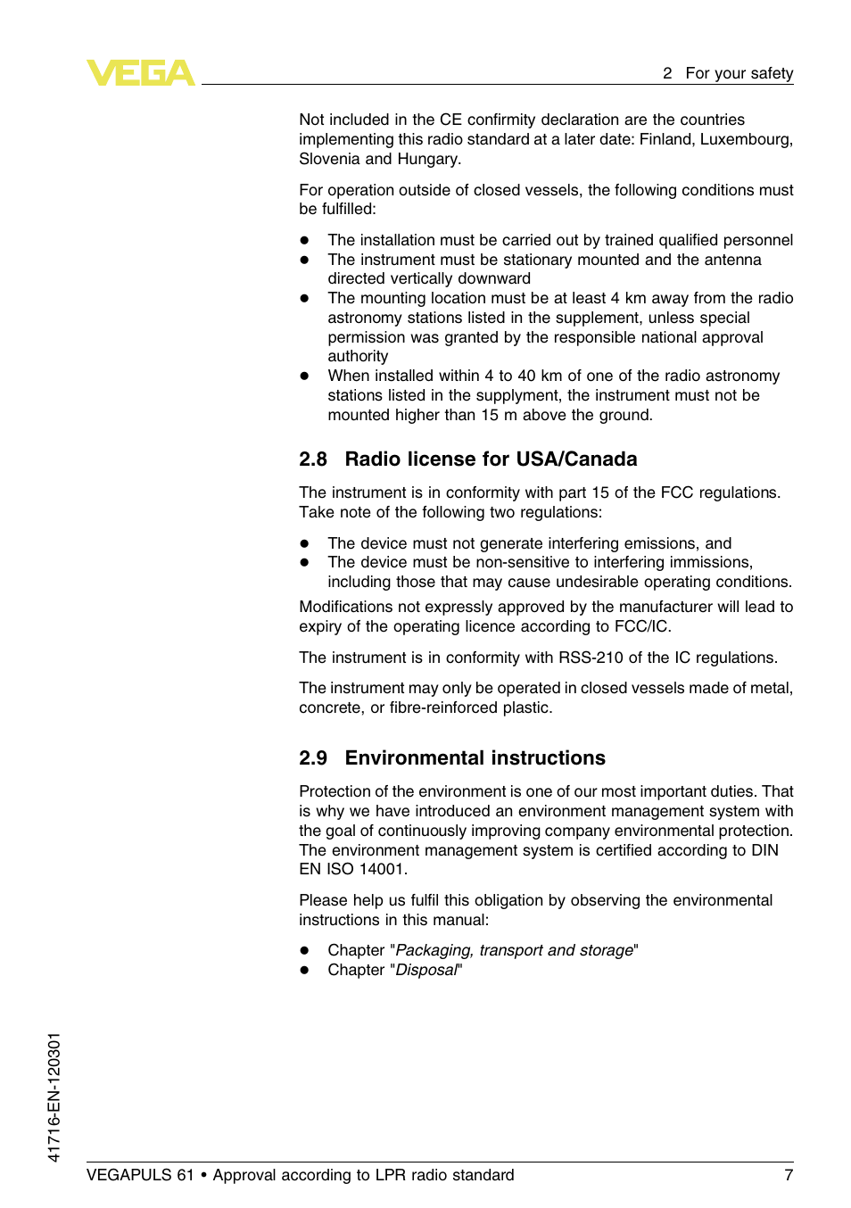 8 radio license for usa/canada, 9 environmental instructions | VEGA VEGAPULS 61 (≥ 2.0.0 - ≥ 4.0.0) Foundation Fieldbus Approval according to LPR radio standard User Manual | Page 7 / 96