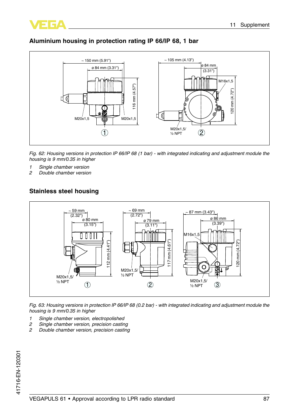 Stainless steel housing | VEGA VEGAPULS 61 (≥ 2.0.0 - ≥ 4.0.0) Foundation Fieldbus Approval according to LPR radio standard User Manual | Page 87 / 96