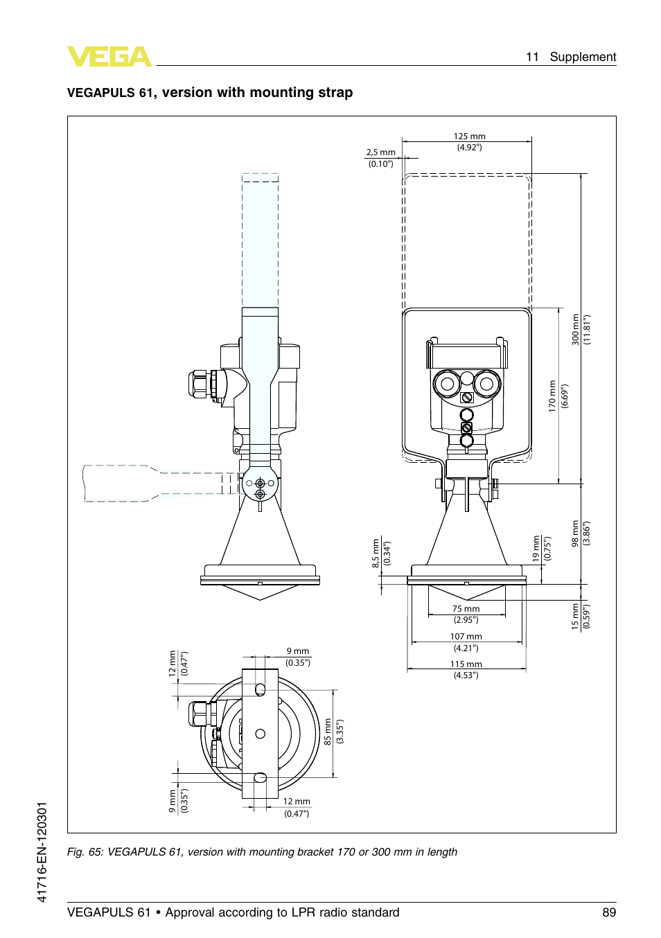 Version with mounting strap, Vegapuls 61 | VEGA VEGAPULS 61 (≥ 2.0.0 - ≥ 4.0.0) Foundation Fieldbus Approval according to LPR radio standard User Manual | Page 89 / 96