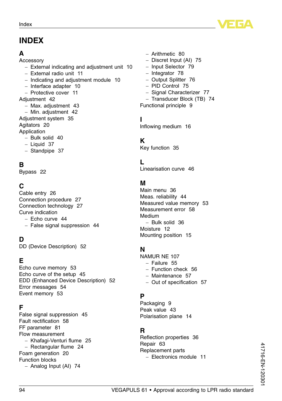 Index | VEGA VEGAPULS 61 (≥ 2.0.0 - ≥ 4.0.0) Foundation Fieldbus Approval according to LPR radio standard User Manual | Page 94 / 96