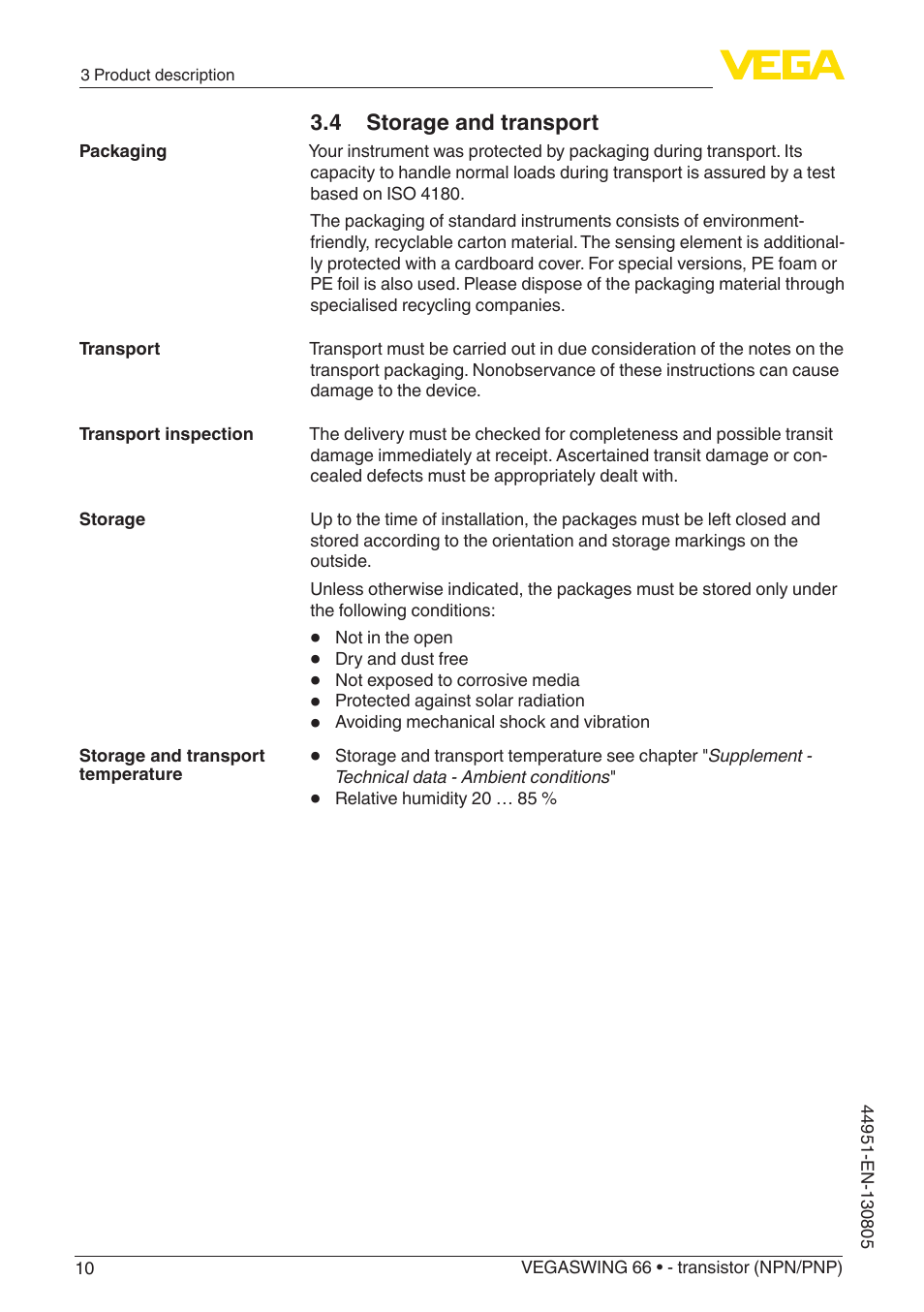 4 storage and transport | VEGA VEGASWING 66 - transistor (NPN-PNP) With SIL qualification User Manual | Page 10 / 44