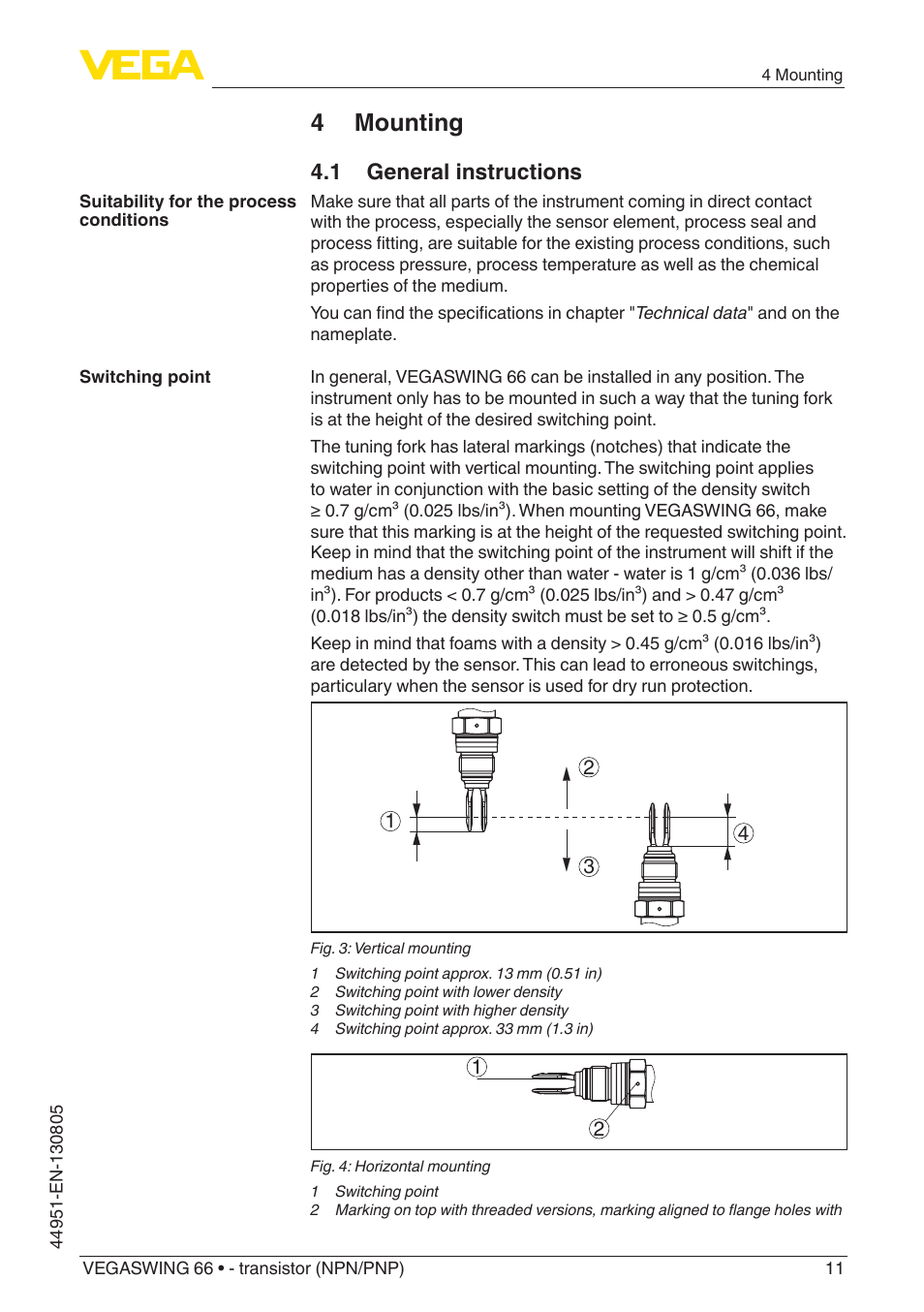 4 mounting, 1 general instructions | VEGA VEGASWING 66 - transistor (NPN-PNP) With SIL qualification User Manual | Page 11 / 44