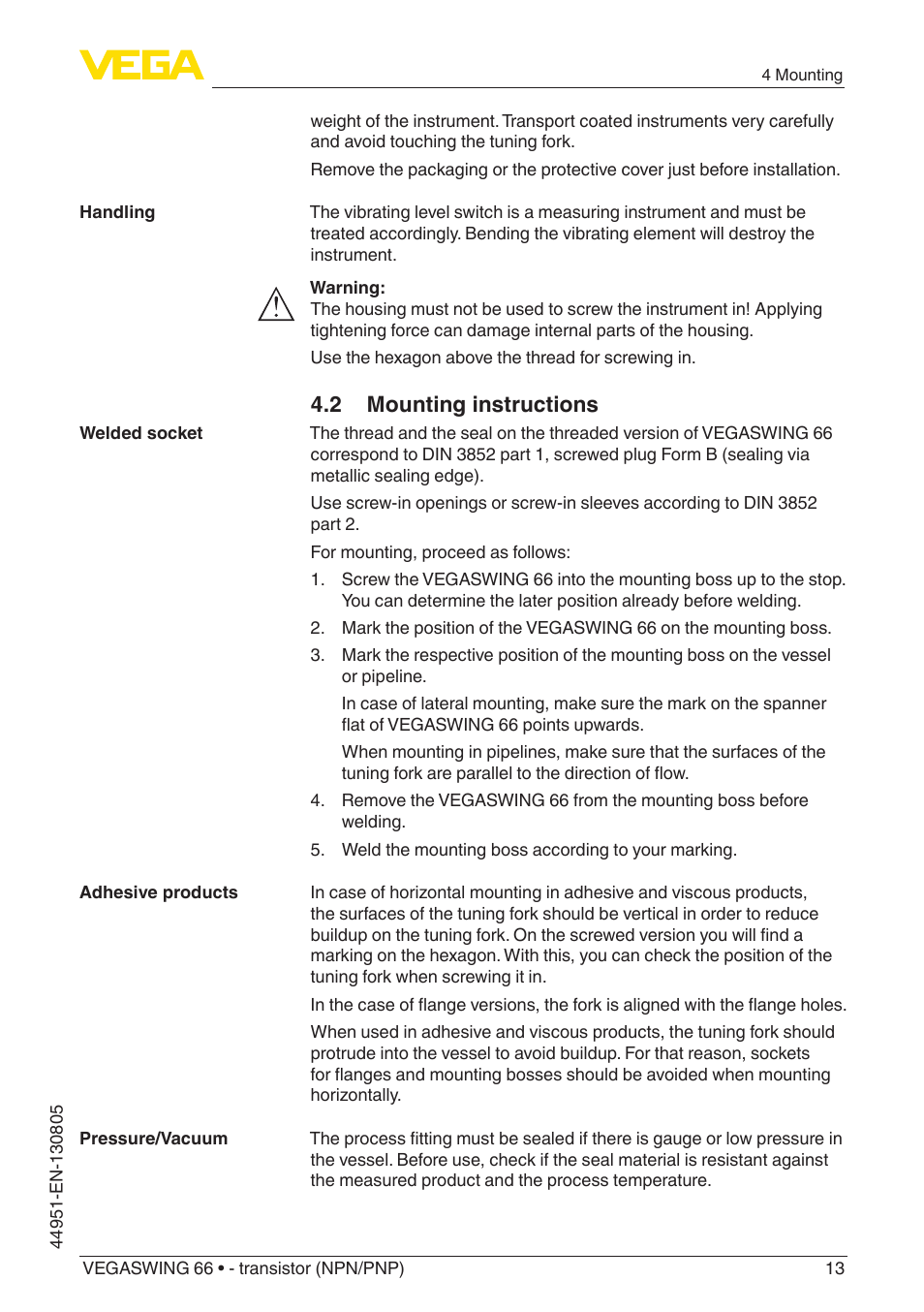 2 mounting instructions | VEGA VEGASWING 66 - transistor (NPN-PNP) With SIL qualification User Manual | Page 13 / 44