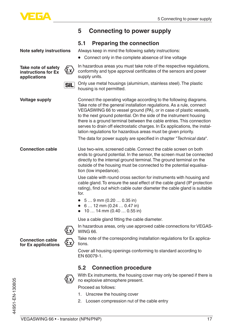 5 connecting to power supply, 1 preparing the connection, 2 connection procedure | VEGA VEGASWING 66 - transistor (NPN-PNP) With SIL qualification User Manual | Page 17 / 44