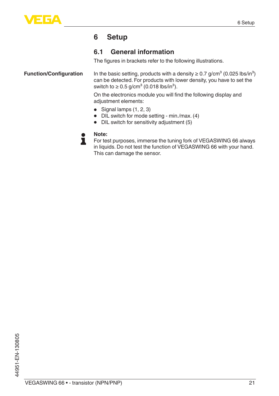 6 setup, 1 general information | VEGA VEGASWING 66 - transistor (NPN-PNP) With SIL qualification User Manual | Page 21 / 44
