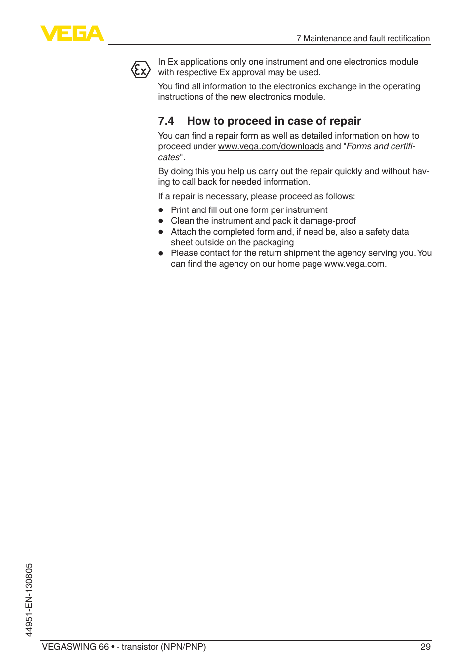 4 how to proceed in case of repair | VEGA VEGASWING 66 - transistor (NPN-PNP) With SIL qualification User Manual | Page 29 / 44