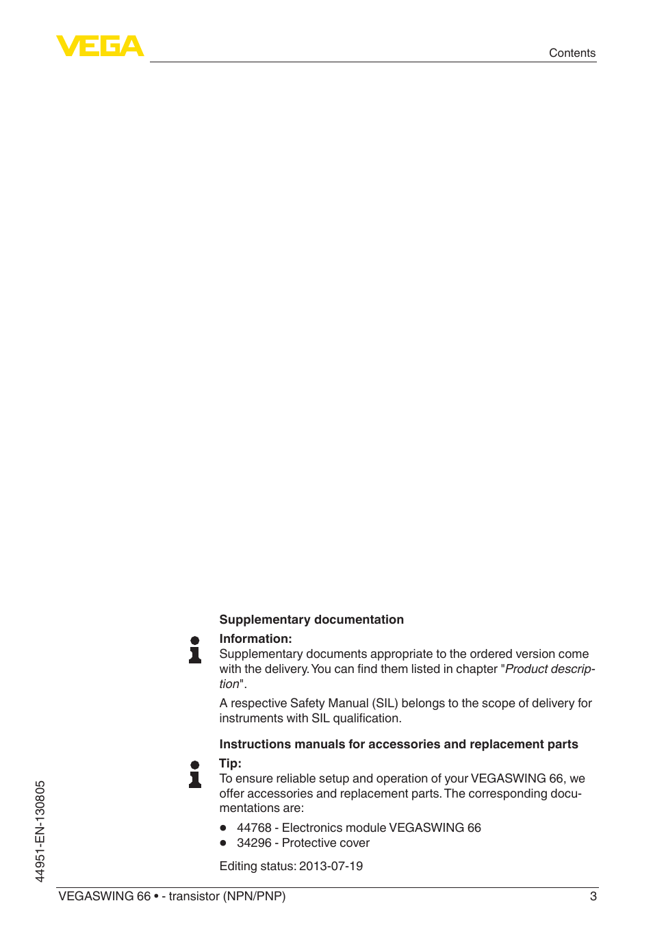 VEGA VEGASWING 66 - transistor (NPN-PNP) With SIL qualification User Manual | Page 3 / 44
