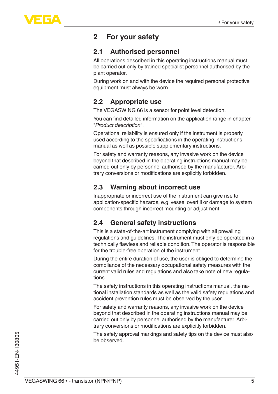 2 for your safety, 1 authorised personnel, 2 appropriate use | 3 warning about incorrect use, 4 general safety instructions | VEGA VEGASWING 66 - transistor (NPN-PNP) With SIL qualification User Manual | Page 5 / 44