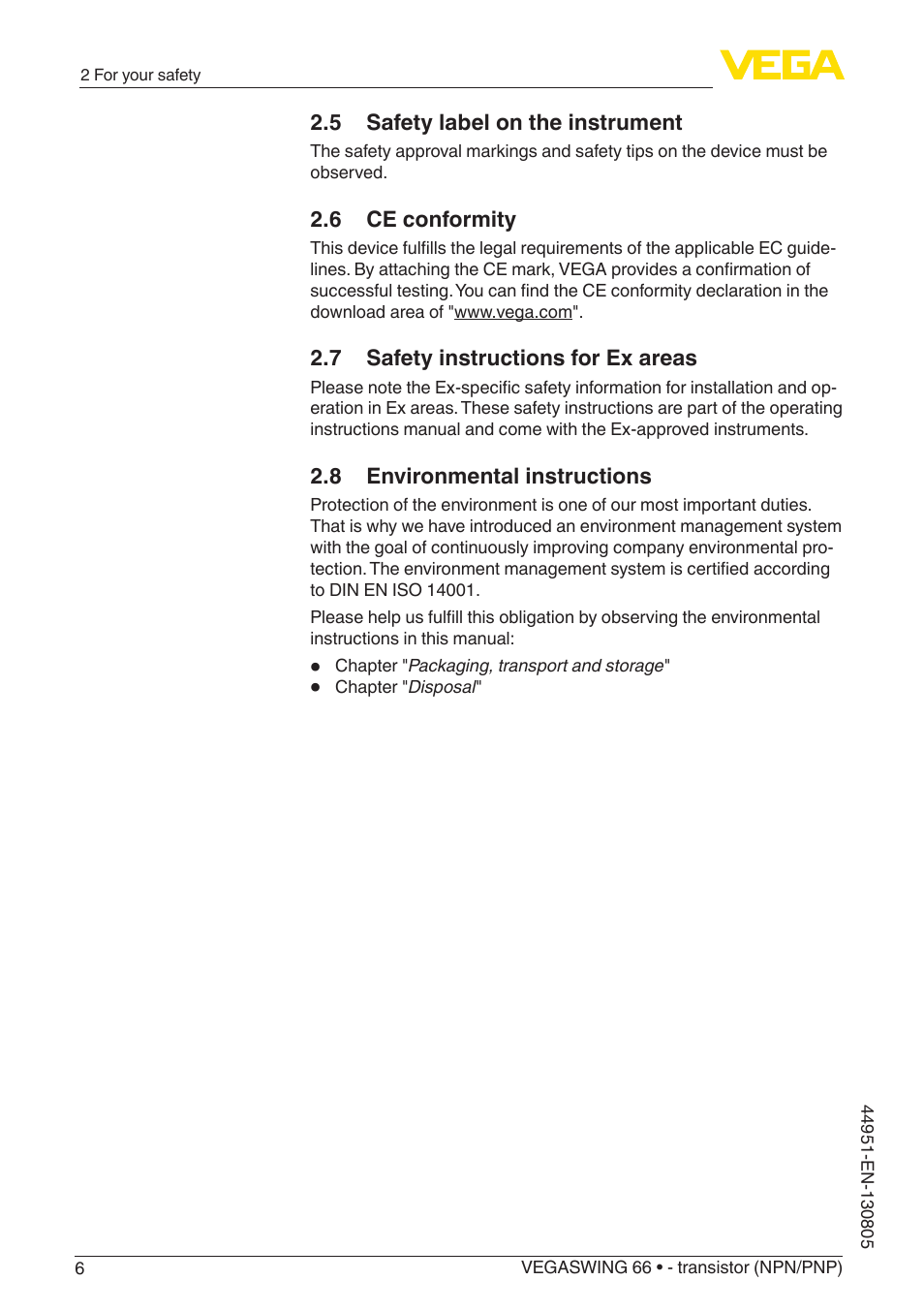 5 safety label on the instrument, 6 ce conformity, 7 safety instructions for ex areas | 8 environmental instructions | VEGA VEGASWING 66 - transistor (NPN-PNP) With SIL qualification User Manual | Page 6 / 44