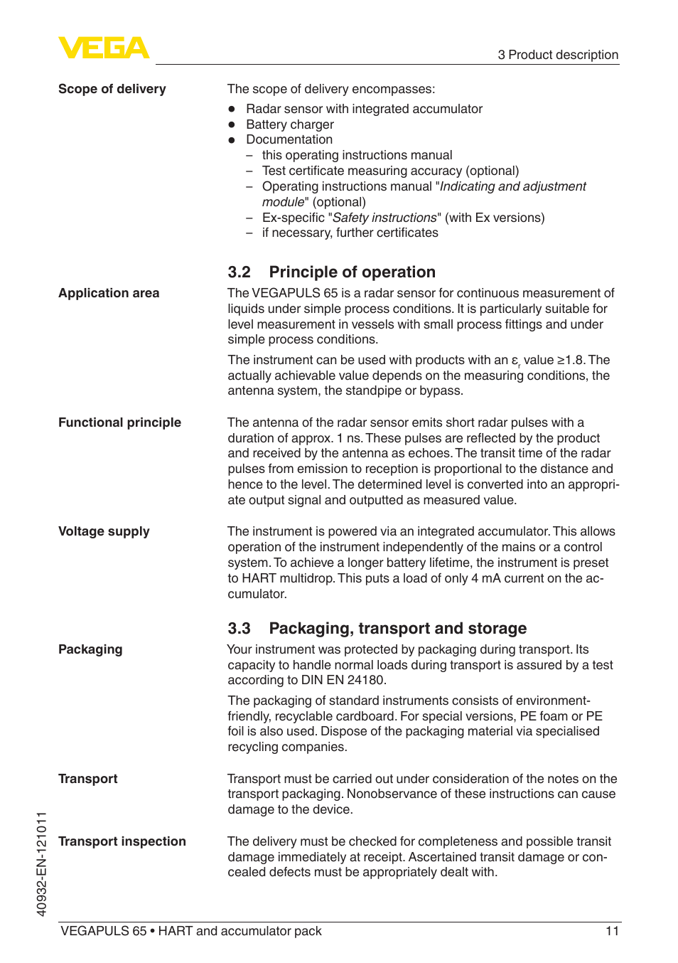 2 principle of operation, 3 packaging, transport and storage | VEGA VEGAPULS 65 (≥ 2.0.0 - ≥ 4.0.0) HART and accumulator pack User Manual | Page 11 / 64