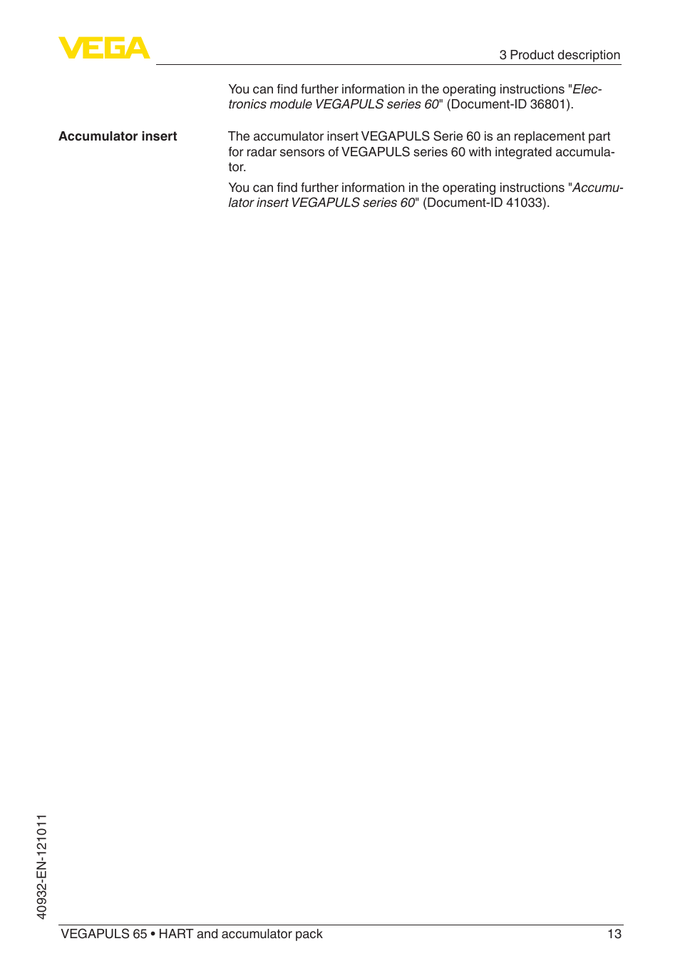 VEGA VEGAPULS 65 (≥ 2.0.0 - ≥ 4.0.0) HART and accumulator pack User Manual | Page 13 / 64