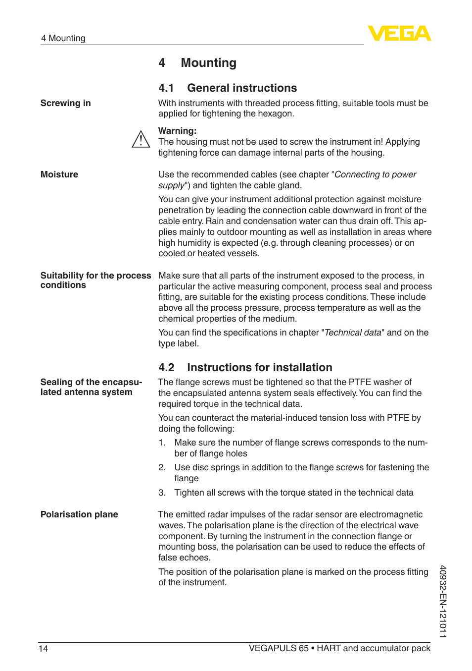 4 mounting, 1 general instructions, 2 instructions for installation | VEGA VEGAPULS 65 (≥ 2.0.0 - ≥ 4.0.0) HART and accumulator pack User Manual | Page 14 / 64