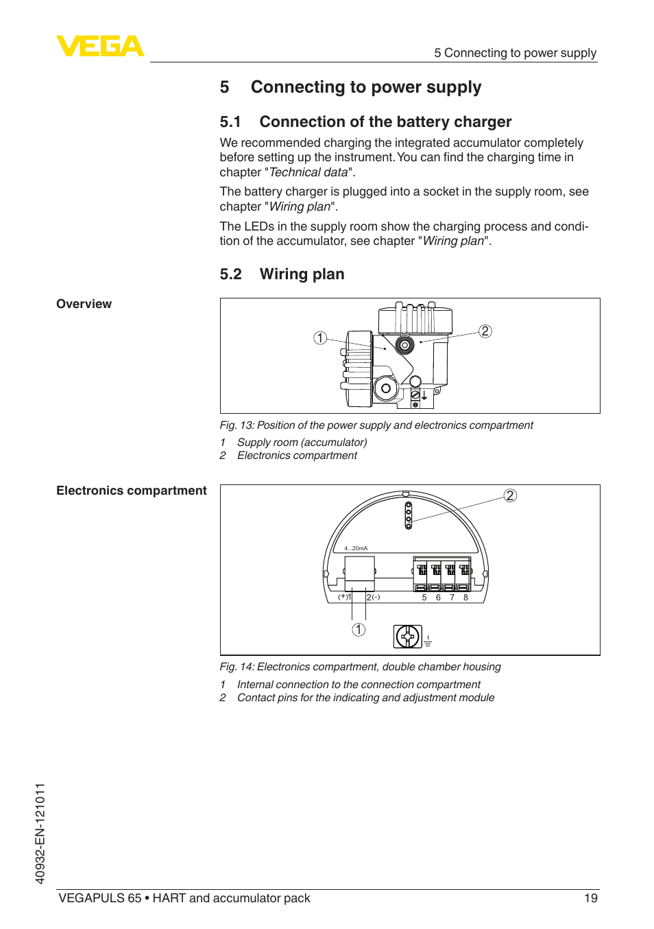 5 connecting to power supply, 1 connection of the battery charger, 2 wiring plan | VEGA VEGAPULS 65 (≥ 2.0.0 - ≥ 4.0.0) HART and accumulator pack User Manual | Page 19 / 64