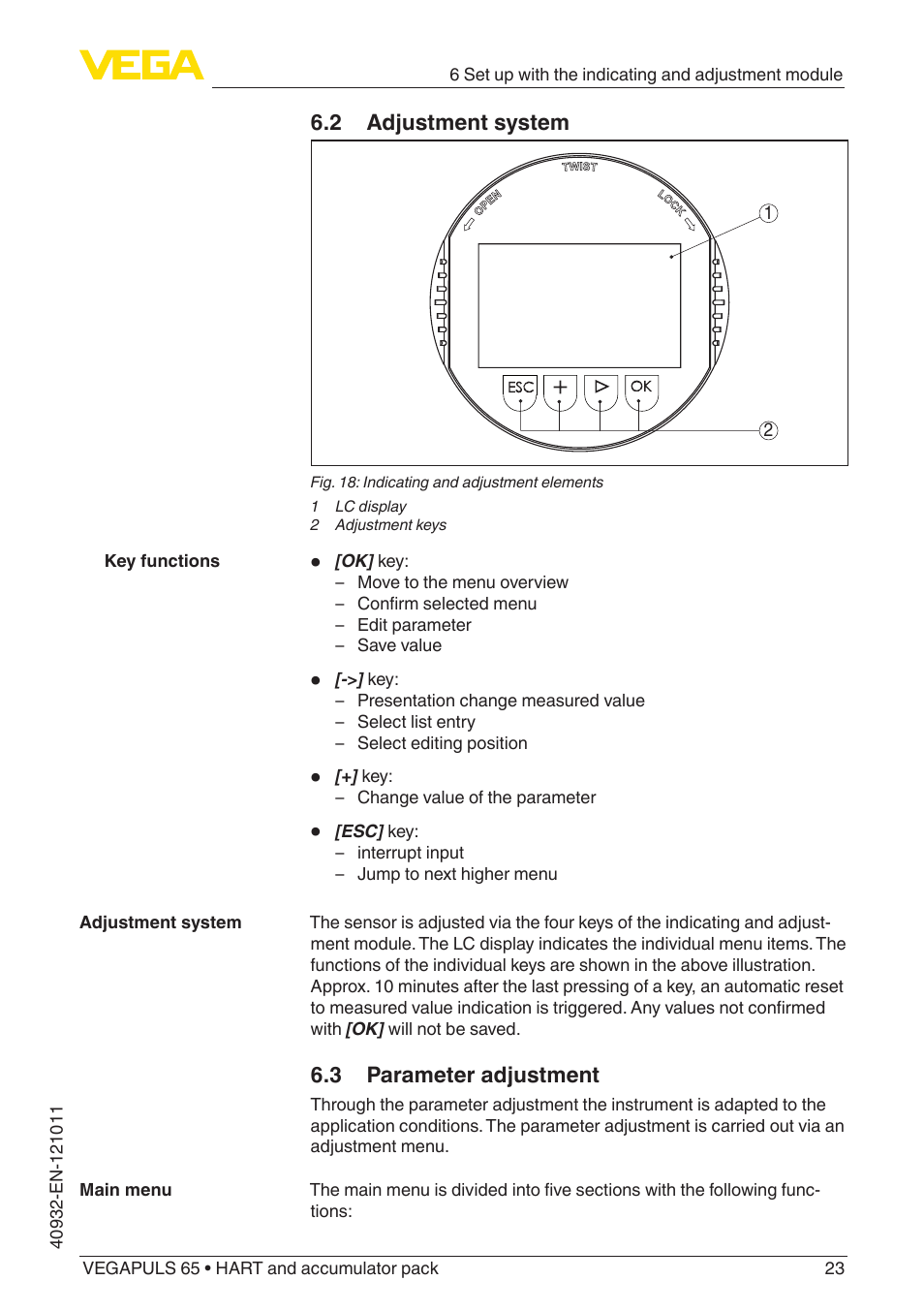 2 adjustment system, 3 parameter adjustment | VEGA VEGAPULS 65 (≥ 2.0.0 - ≥ 4.0.0) HART and accumulator pack User Manual | Page 23 / 64