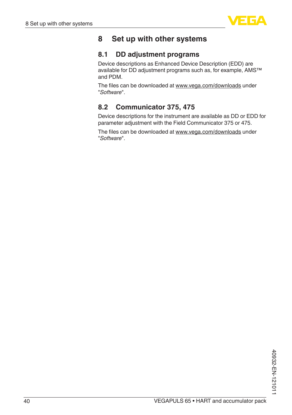 8 set up with other systems, 1 dd adjustment programs, 2 communicator 375, 475 | VEGA VEGAPULS 65 (≥ 2.0.0 - ≥ 4.0.0) HART and accumulator pack User Manual | Page 40 / 64