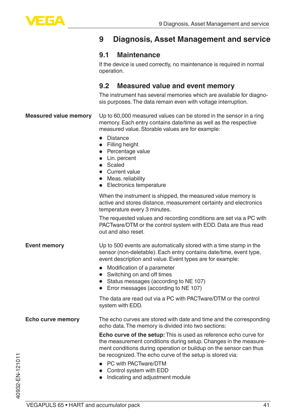 9 diagnosis, asset management and service, 1 maintenance, 2 measured value and event memory | VEGA VEGAPULS 65 (≥ 2.0.0 - ≥ 4.0.0) HART and accumulator pack User Manual | Page 41 / 64