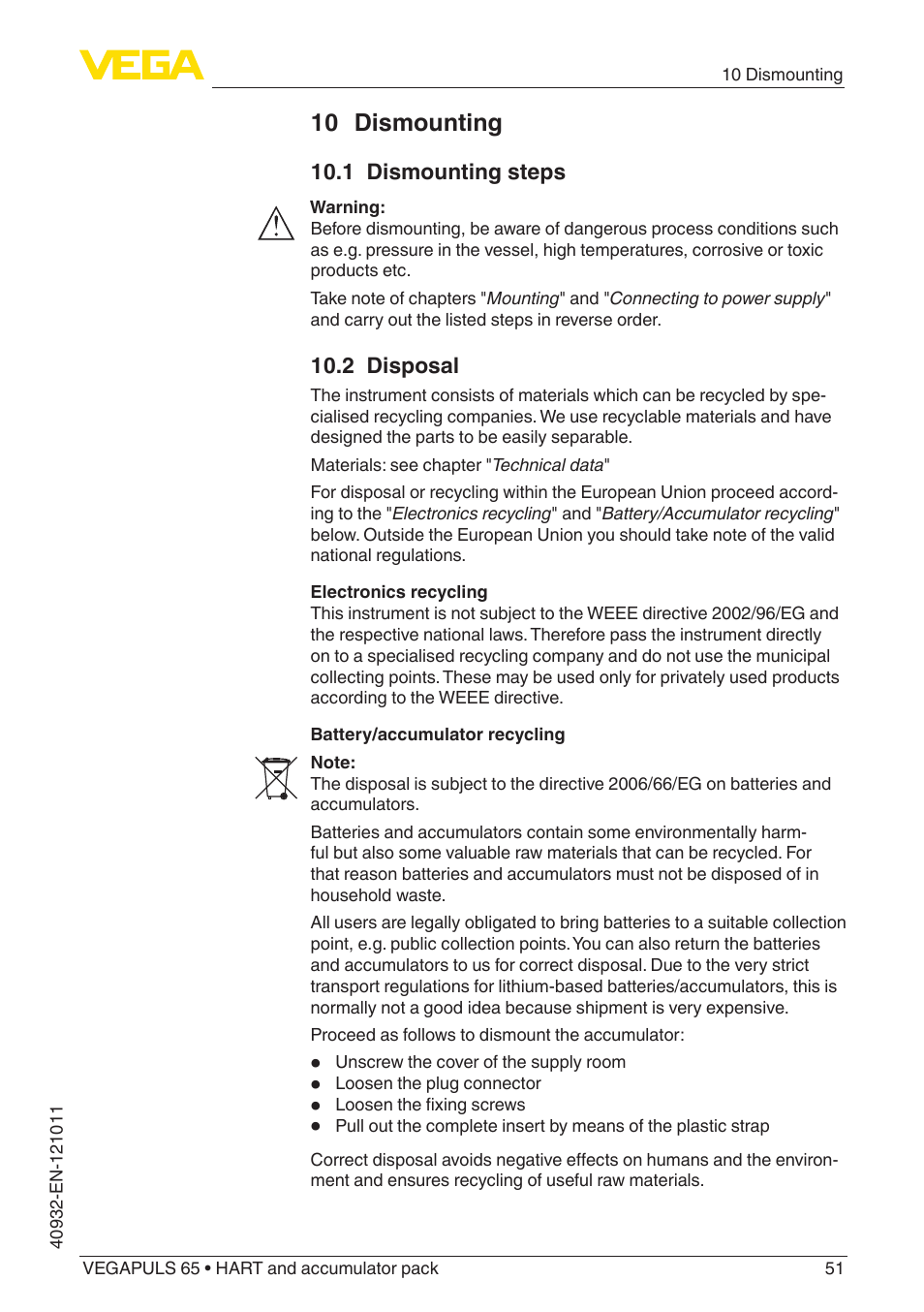 10 dismounting, 1 dismounting steps, 2 disposal | VEGA VEGAPULS 65 (≥ 2.0.0 - ≥ 4.0.0) HART and accumulator pack User Manual | Page 51 / 64