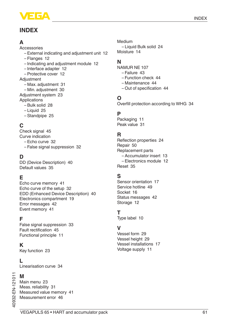 Index | VEGA VEGAPULS 65 (≥ 2.0.0 - ≥ 4.0.0) HART and accumulator pack User Manual | Page 61 / 64