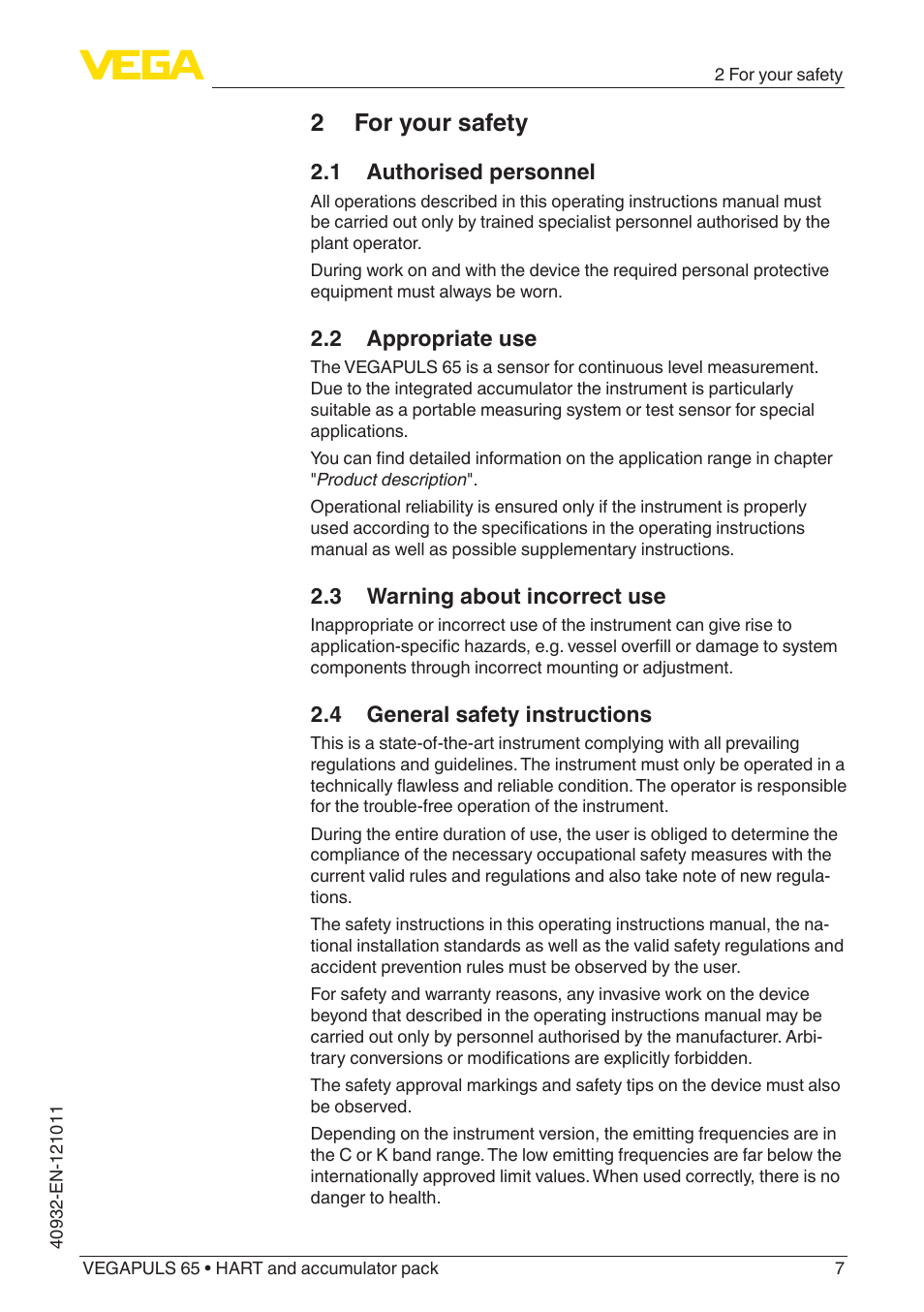 2 for your safety, 1 authorised personnel, 2 appropriate use | 3 warning about incorrect use, 4 general safety instructions | VEGA VEGAPULS 65 (≥ 2.0.0 - ≥ 4.0.0) HART and accumulator pack User Manual | Page 7 / 64