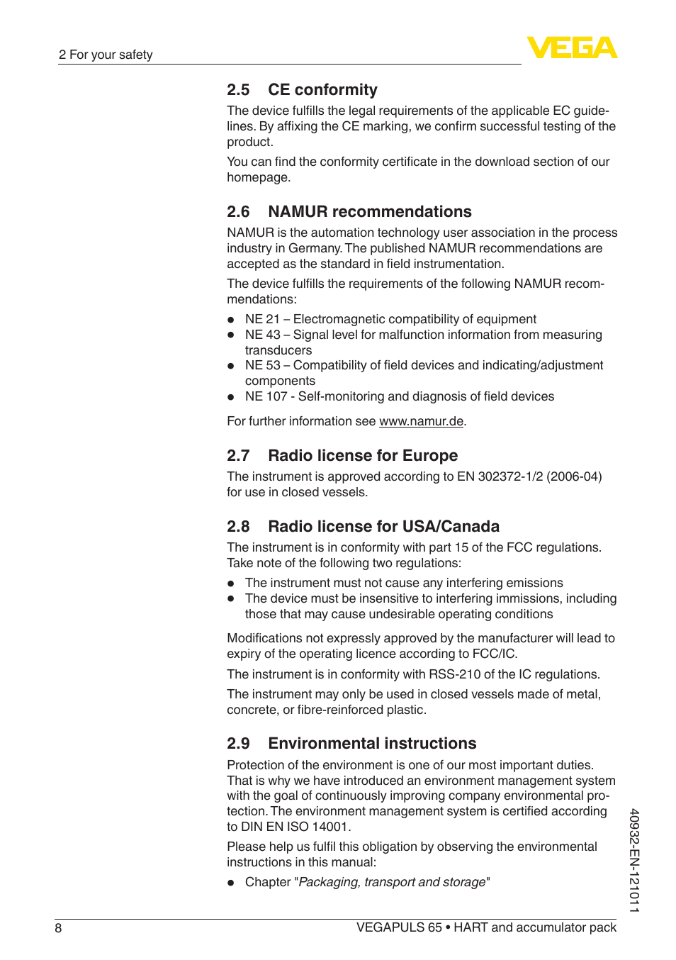 5 ce conformity, 6 namur recommendations, 7 radio license for europe | 8 radio license for usa/canada, 9 environmental instructions | VEGA VEGAPULS 65 (≥ 2.0.0 - ≥ 4.0.0) HART and accumulator pack User Manual | Page 8 / 64