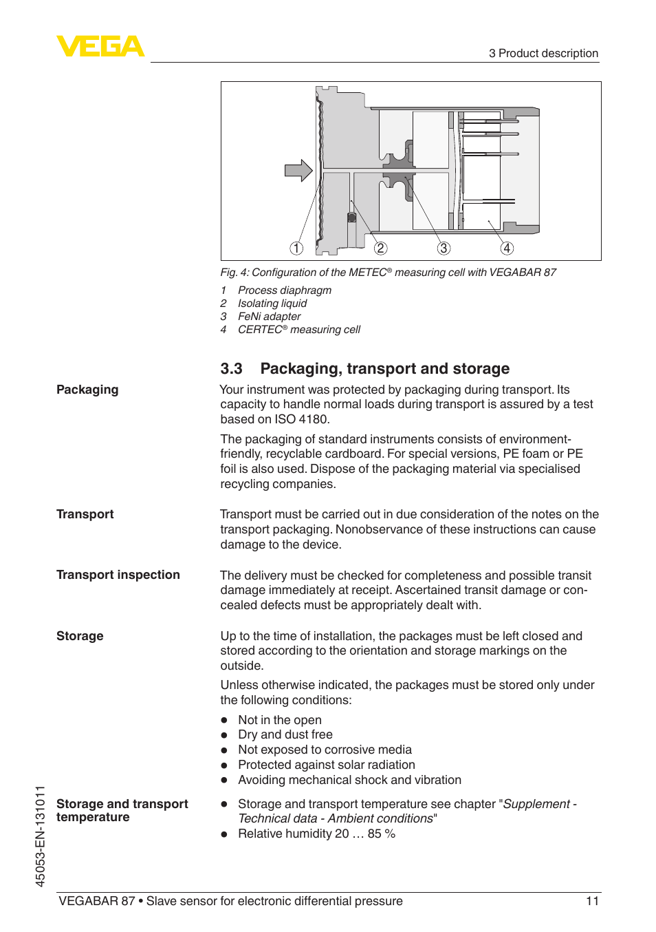 3 packaging, transport and storage | VEGA VEGABAR 87 Save sensor - Operating Instructions User Manual | Page 11 / 56
