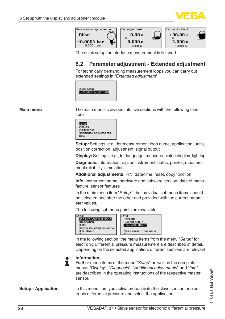 2 parameter adjustment - extended adjustment | VEGA VEGABAR 87 Save sensor - Operating Instructions User Manual | Page 28 / 56