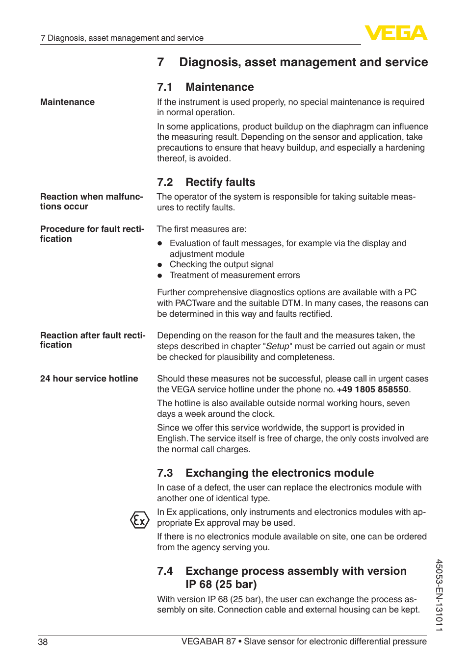 7 diagnosis, asset management and service, 1 maintenance, 2 rectify faults | 3 exchanging the electronics module | VEGA VEGABAR 87 Save sensor - Operating Instructions User Manual | Page 38 / 56