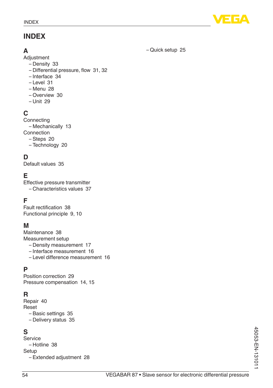 Index | VEGA VEGABAR 87 Save sensor - Operating Instructions User Manual | Page 54 / 56