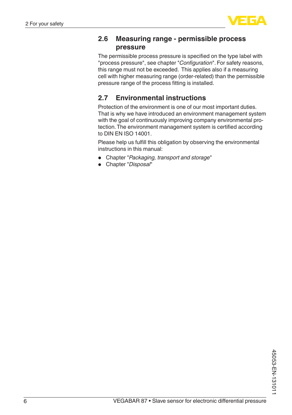 6 measuring range - permissible process pressure, 7 environmental instructions | VEGA VEGABAR 87 Save sensor - Operating Instructions User Manual | Page 6 / 56