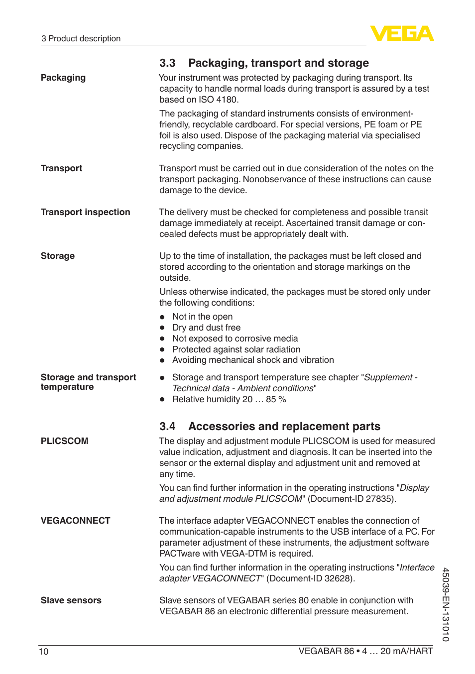 3 packaging, transport and storage, 4 accessories and replacement parts | VEGA VEGABAR 86 4 … 20 mA_HART - Operating Instructions User Manual | Page 10 / 84