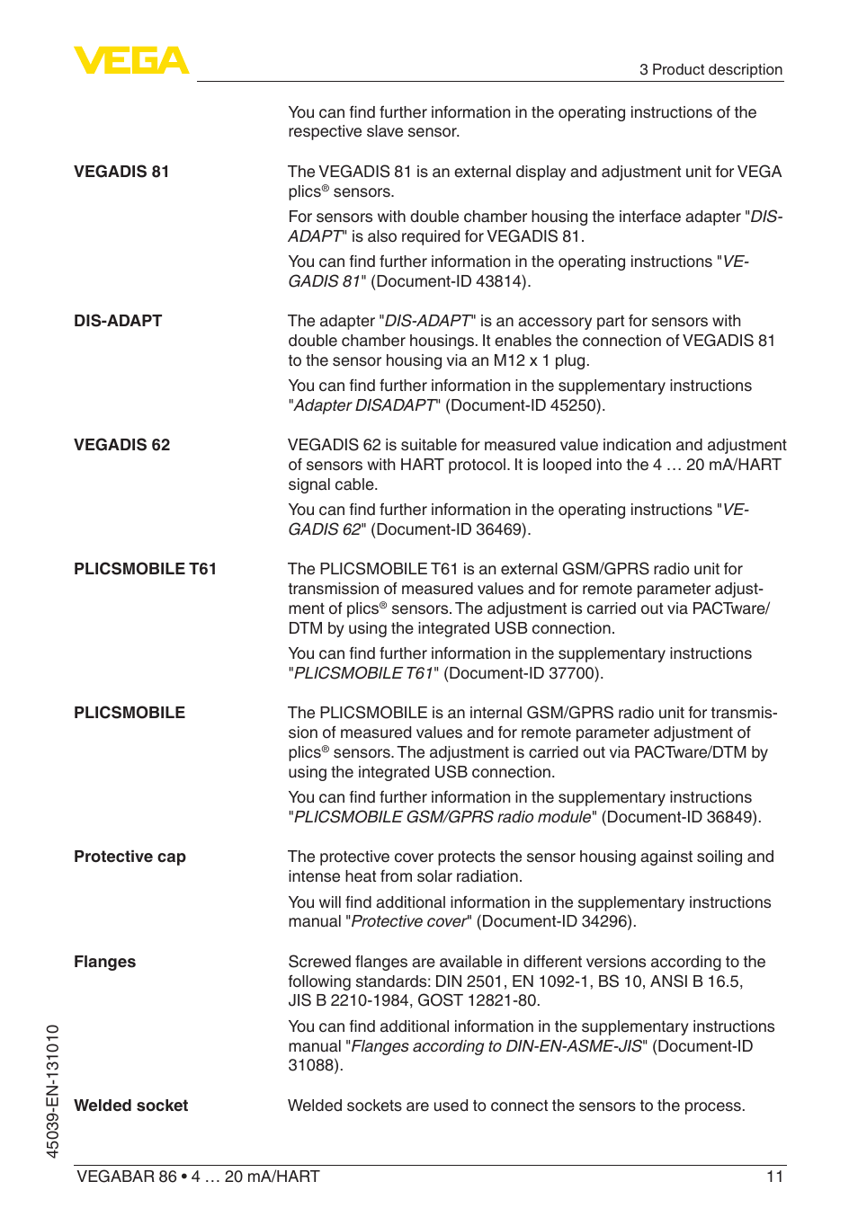 VEGA VEGABAR 86 4 … 20 mA_HART - Operating Instructions User Manual | Page 11 / 84