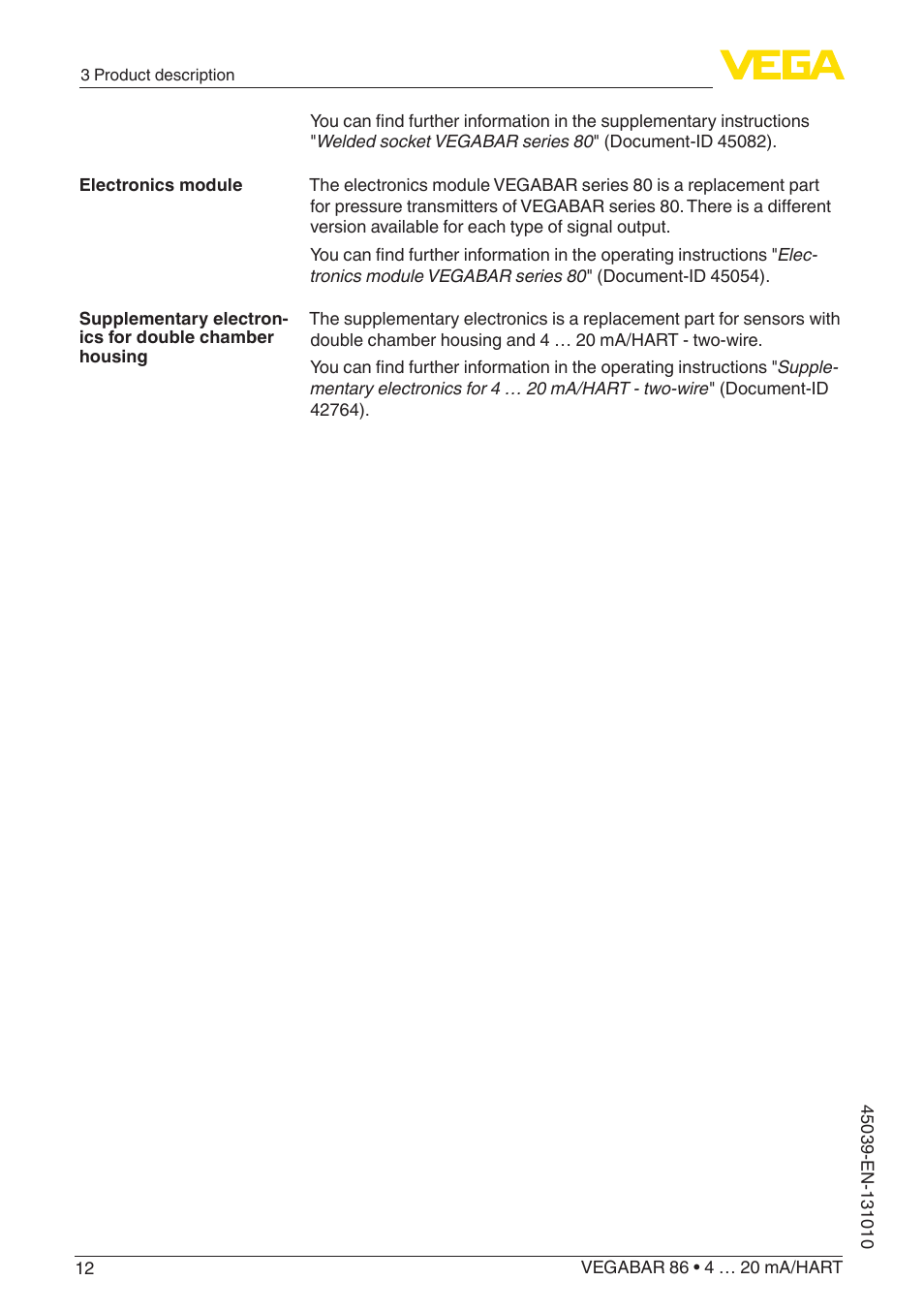 VEGA VEGABAR 86 4 … 20 mA_HART - Operating Instructions User Manual | Page 12 / 84