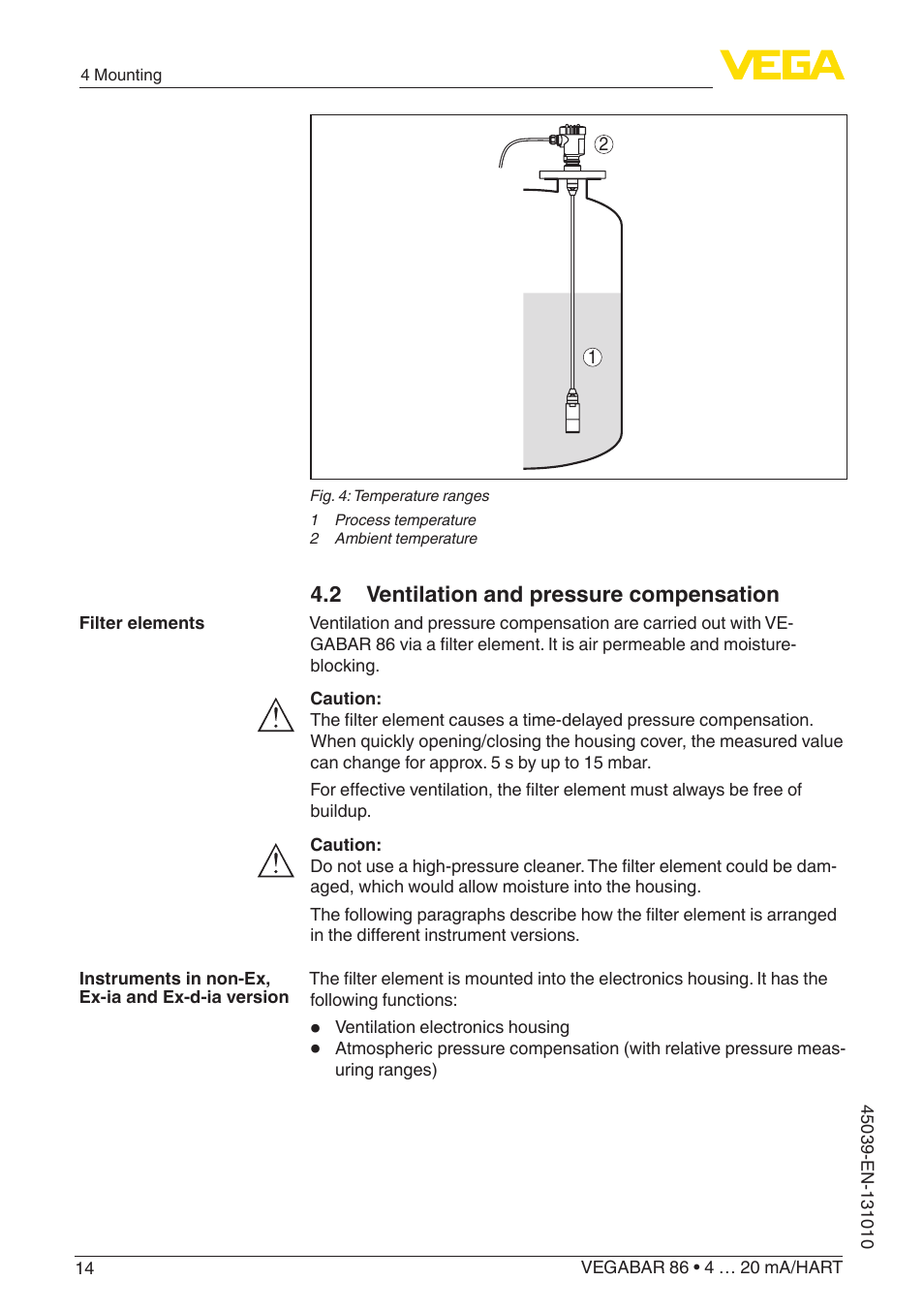 2 ventilation and pressure compensation | VEGA VEGABAR 86 4 … 20 mA_HART - Operating Instructions User Manual | Page 14 / 84