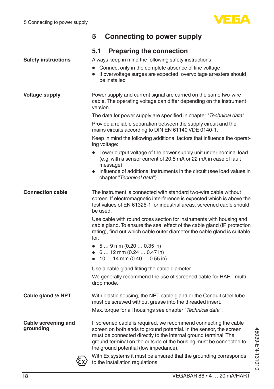 5 connecting to power supply, 1 preparing the connection | VEGA VEGABAR 86 4 … 20 mA_HART - Operating Instructions User Manual | Page 18 / 84