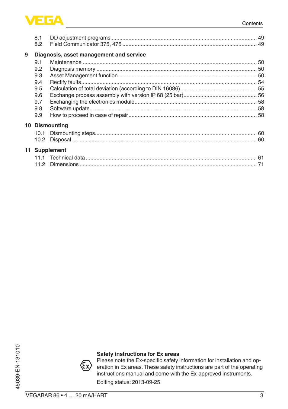 VEGA VEGABAR 86 4 … 20 mA_HART - Operating Instructions User Manual | Page 3 / 84