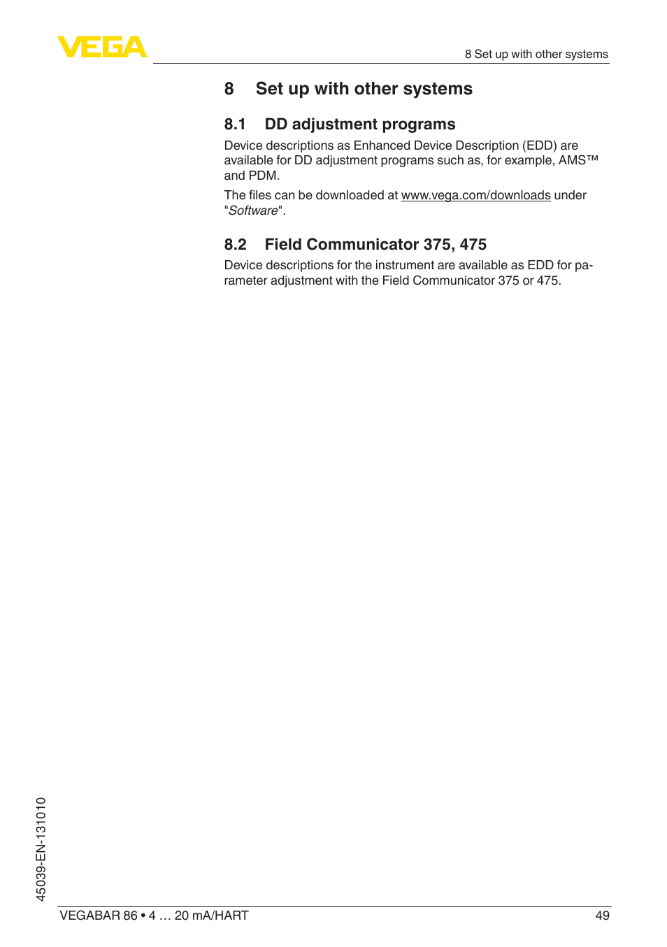 8 set up with other systems, 1 dd adjustment programs, 2 field communicator 375, 475 | VEGA VEGABAR 86 4 … 20 mA_HART - Operating Instructions User Manual | Page 49 / 84