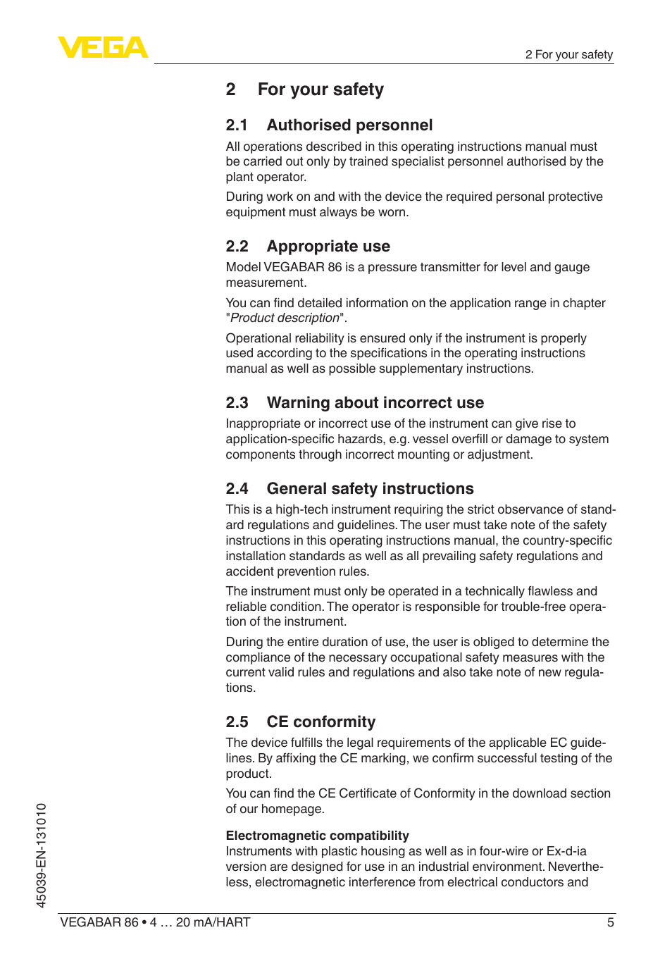 2 for your safety, 1 authorised personnel, 2 appropriate use | 3 warning about incorrect use, 4 general safety instructions, 5 ce conformity | VEGA VEGABAR 86 4 … 20 mA_HART - Operating Instructions User Manual | Page 5 / 84