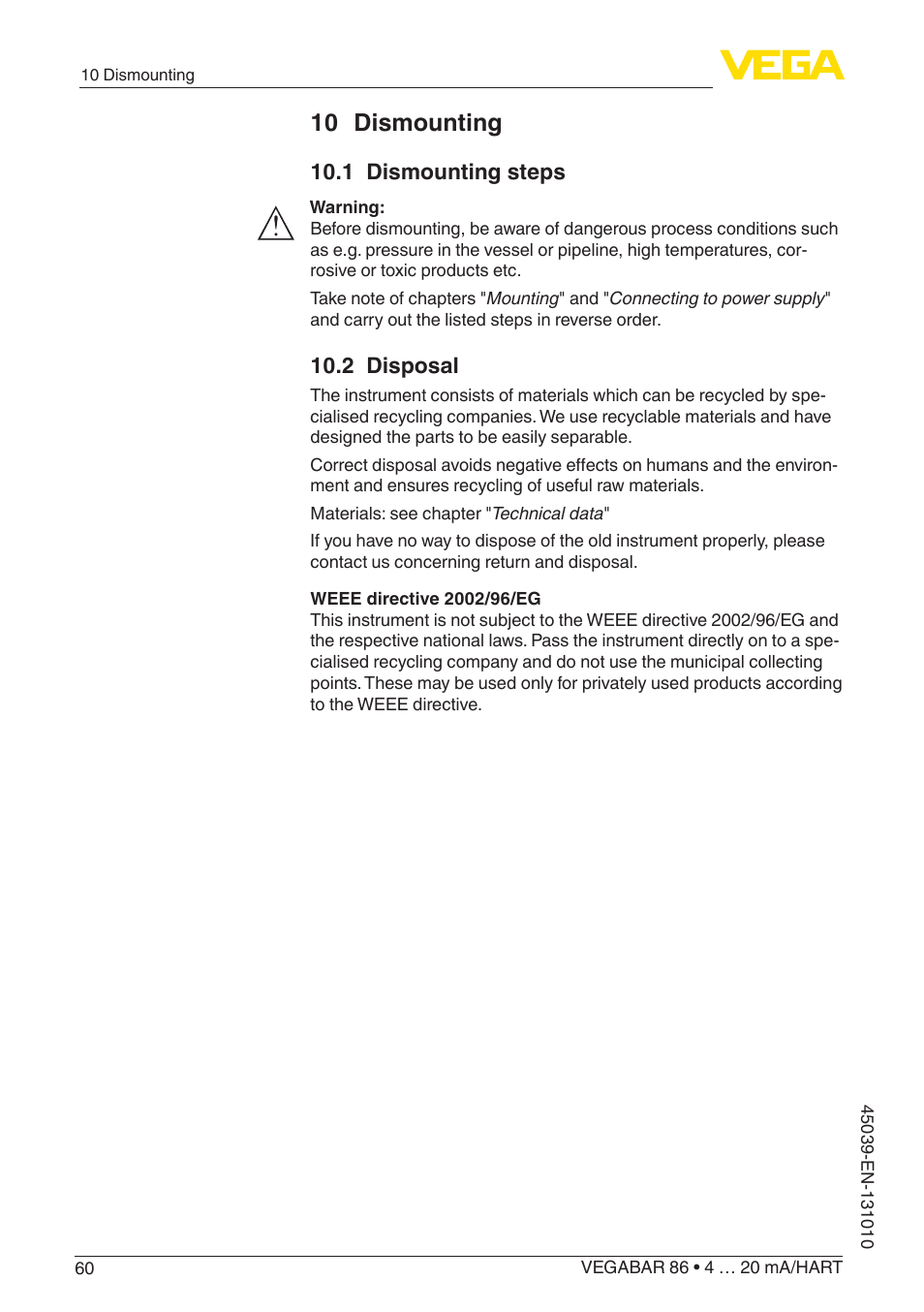 10 dismounting, 1 dismounting steps, 2 disposal | VEGA VEGABAR 86 4 … 20 mA_HART - Operating Instructions User Manual | Page 60 / 84