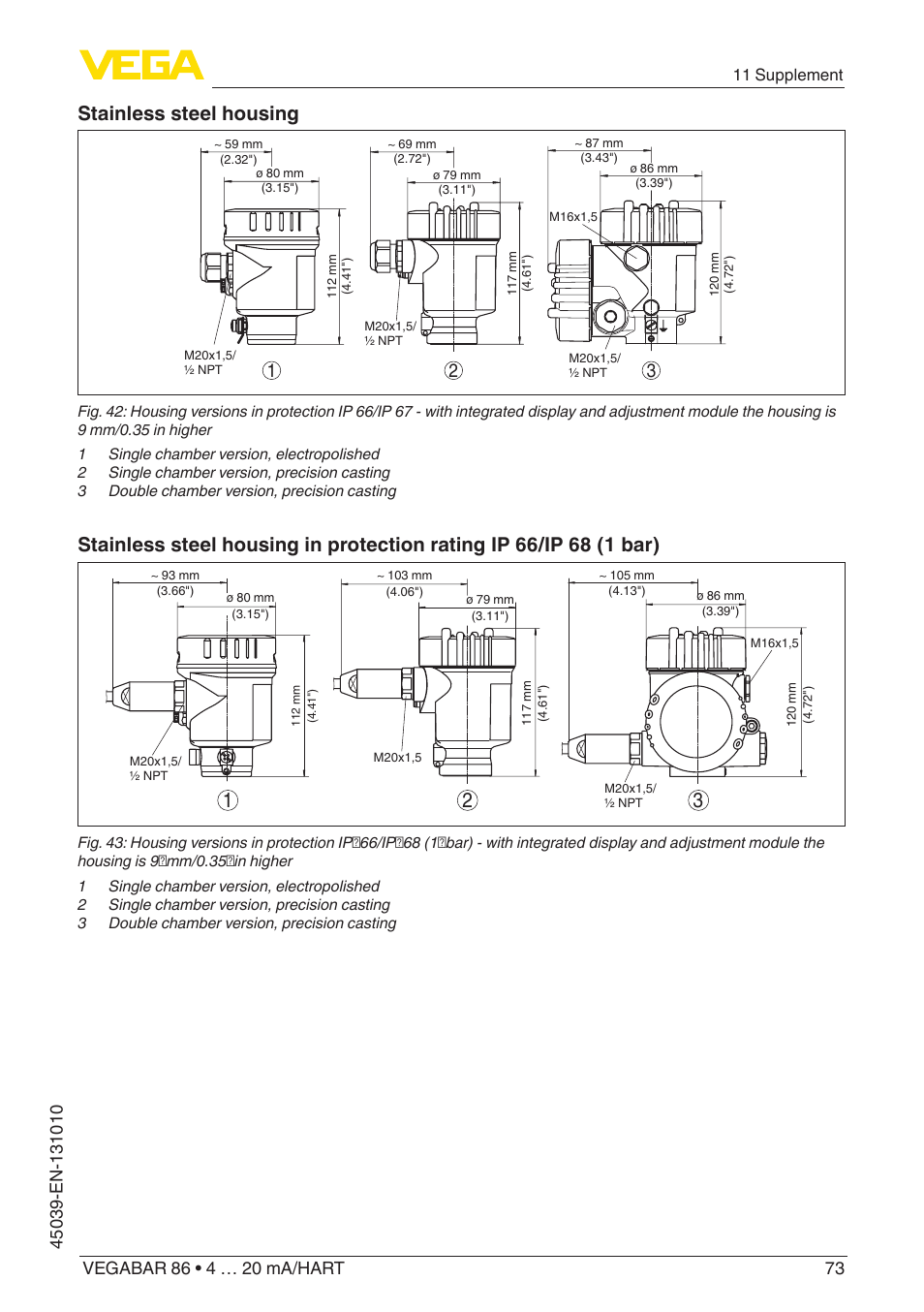 Stainless steel housing | VEGA VEGABAR 86 4 … 20 mA_HART - Operating Instructions User Manual | Page 73 / 84