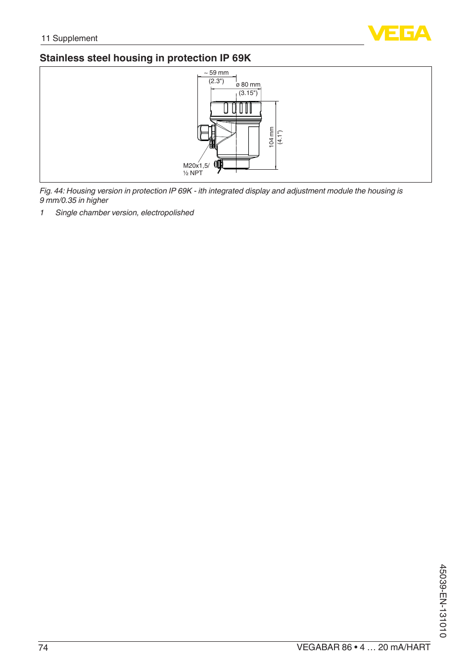 Stainless steel housing in protection ip 69k | VEGA VEGABAR 86 4 … 20 mA_HART - Operating Instructions User Manual | Page 74 / 84