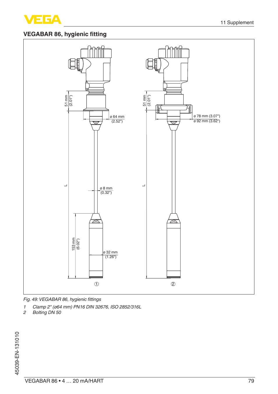 Vegabar 86, hygienic fitting | VEGA VEGABAR 86 4 … 20 mA_HART - Operating Instructions User Manual | Page 79 / 84