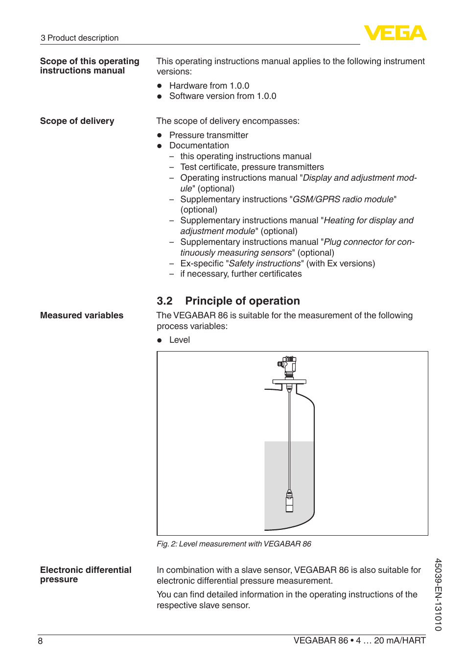 2 principle of operation | VEGA VEGABAR 86 4 … 20 mA_HART - Operating Instructions User Manual | Page 8 / 84